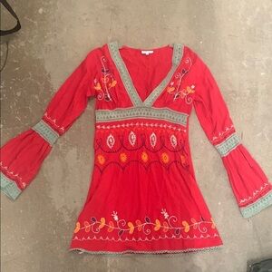 Y2K babydoll Debbie Katz embroidered bell sleeve top Red V-Neck Women's Top